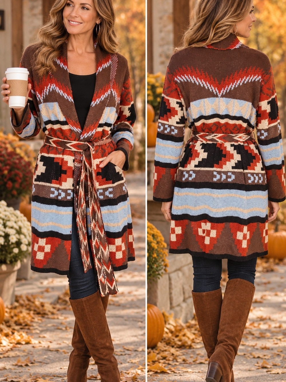 a.n.a Aztec-Pattern Belted Cardigan Sweater - Brown/Red/Light Blue Size PXL